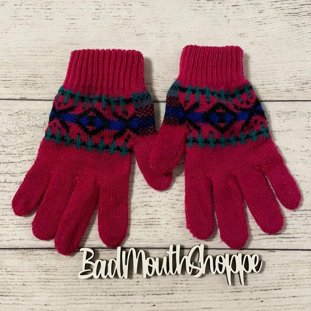 Vintage 90s Hot Pink Ugly Sweater Winter Gloves Mittens